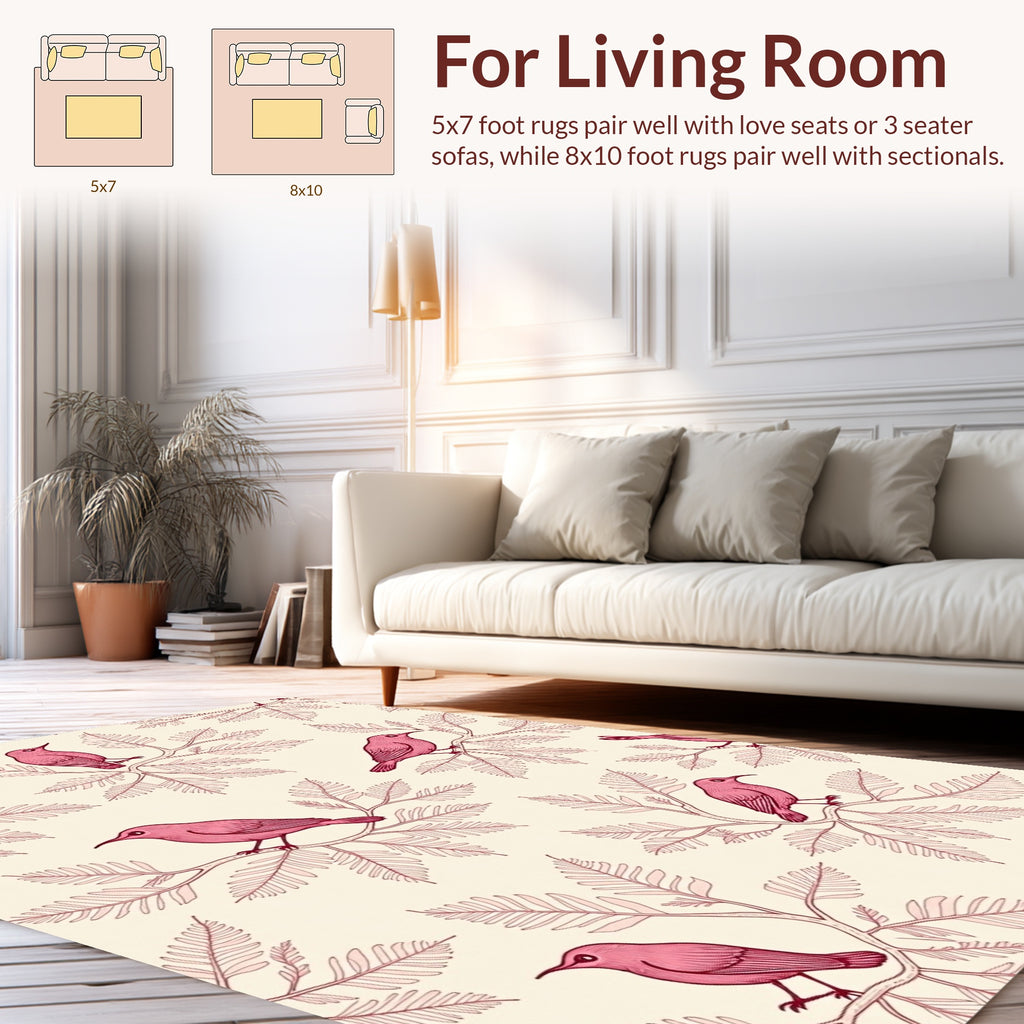 Pink Birds Perched on Branch Pattern Rug