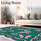 Pink Butterfly Blossom Teal Rug