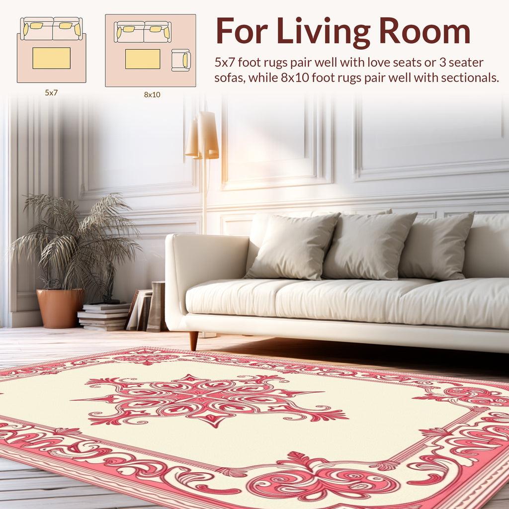 Ornate Pink Scrollwork Floral Design Rug
