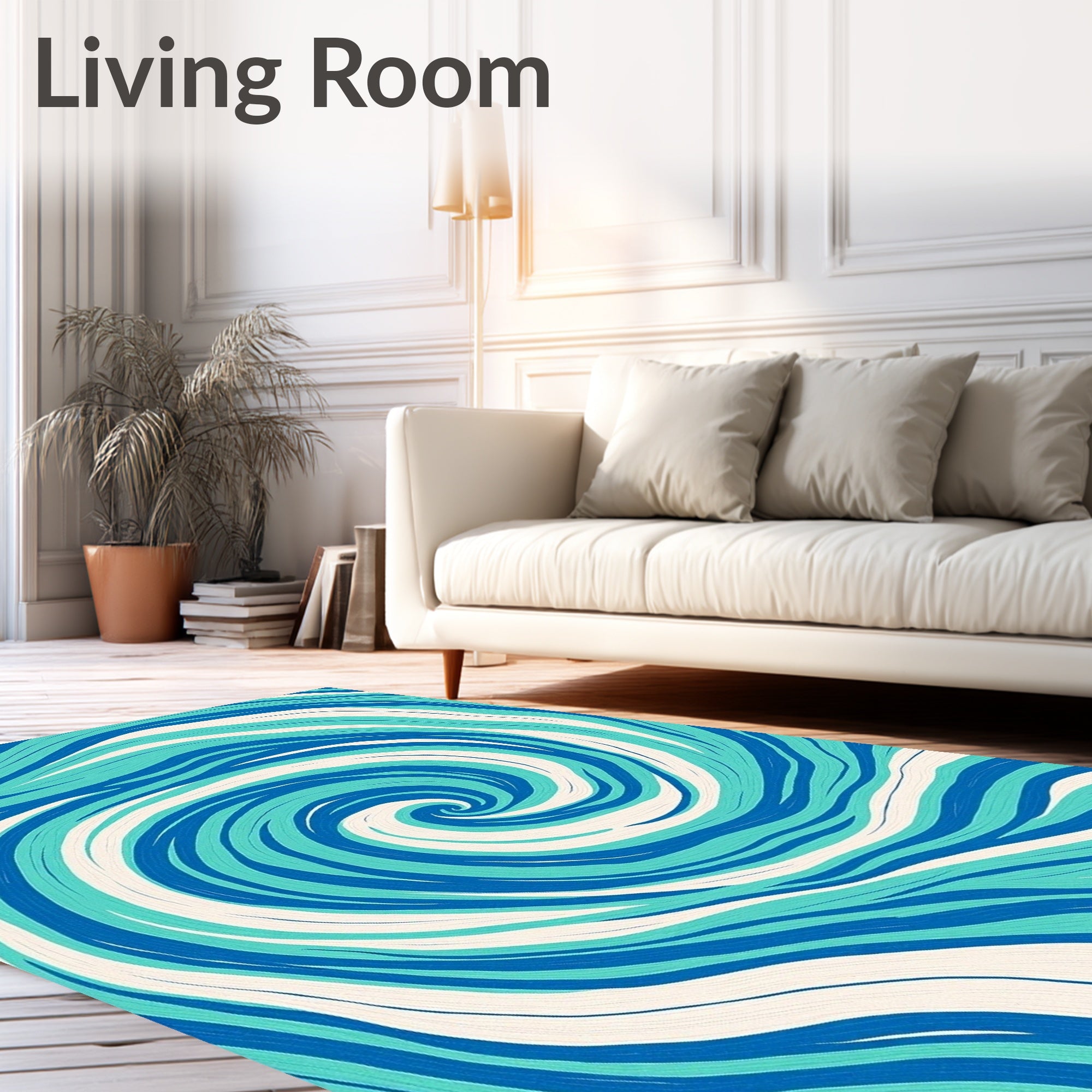 Aqua Blue Cream Swirling Waves Rug