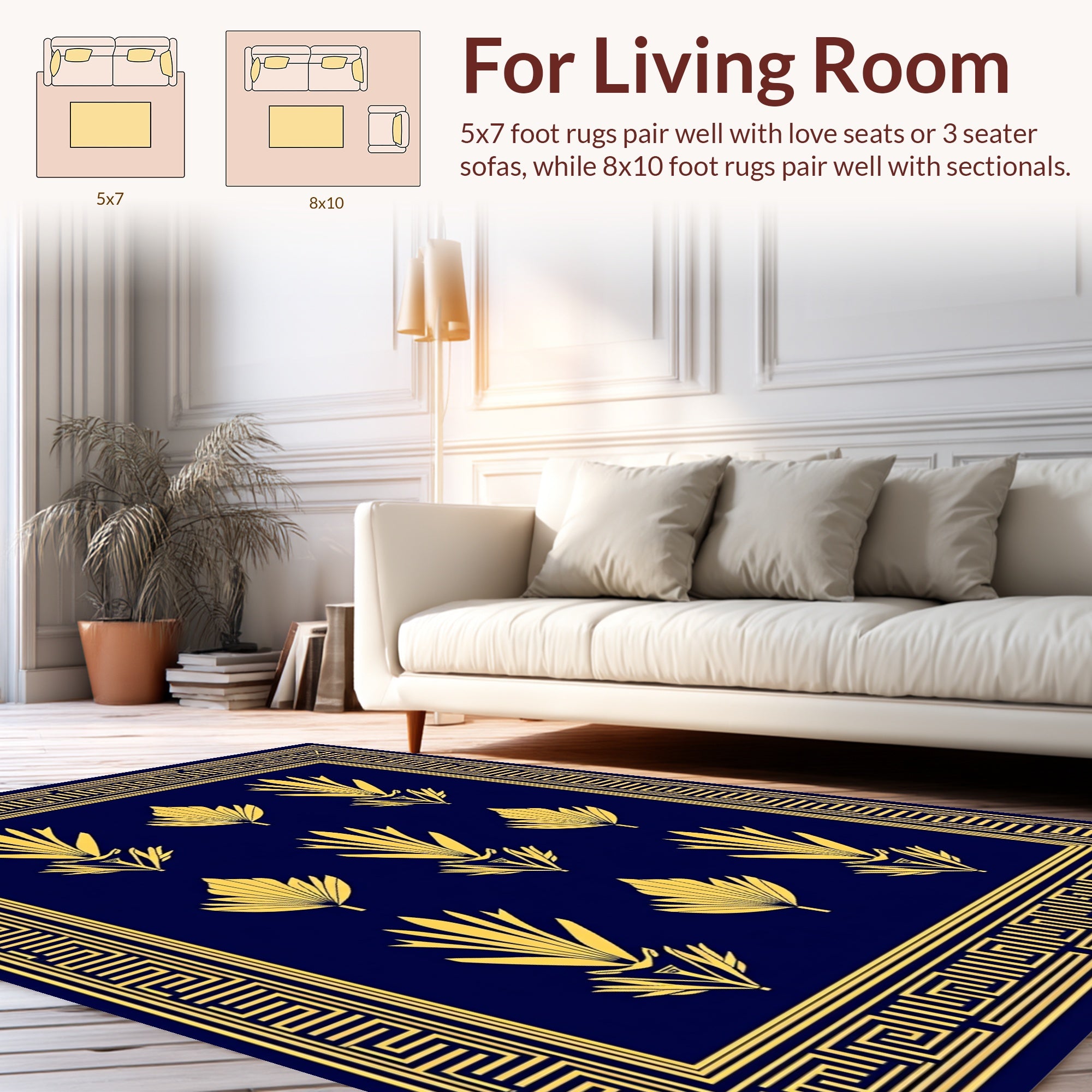 Art Deco Blue Gold Floral Border Rug