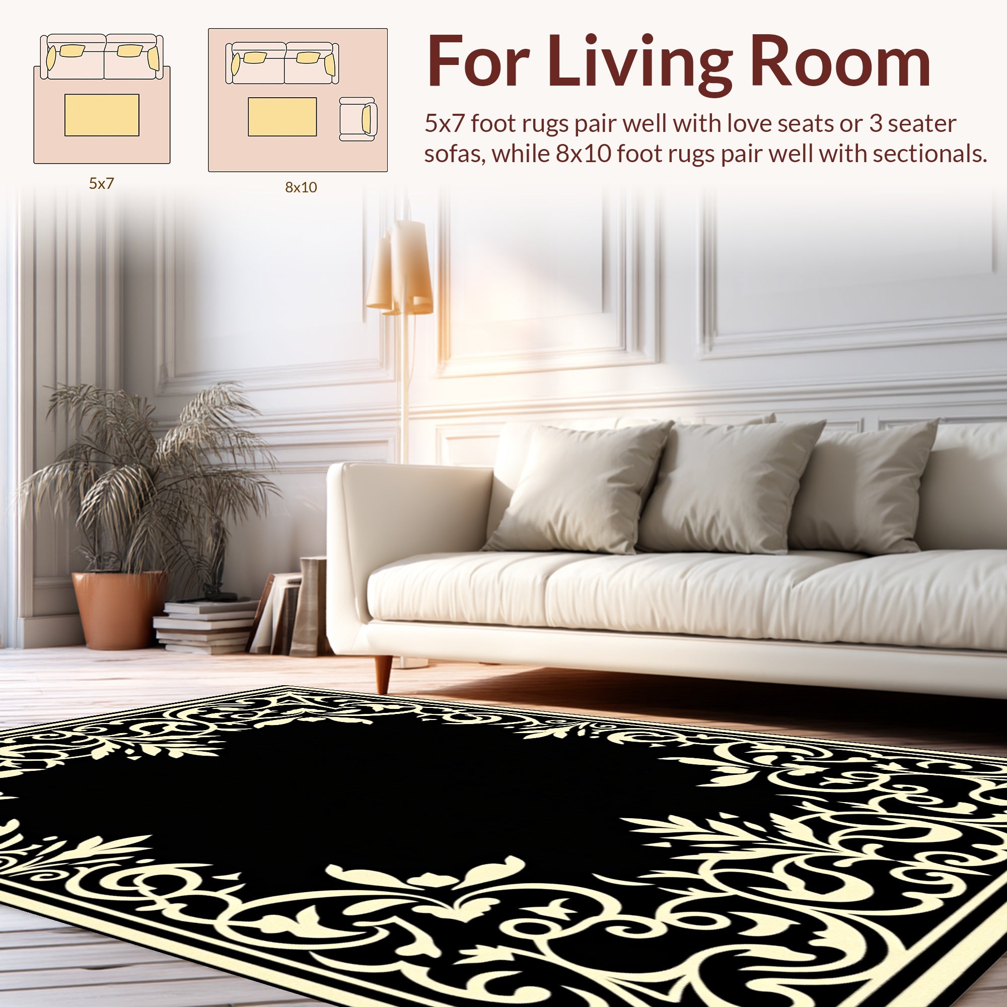 Ornate Scrollwork Black Ivory Corner Design Rug