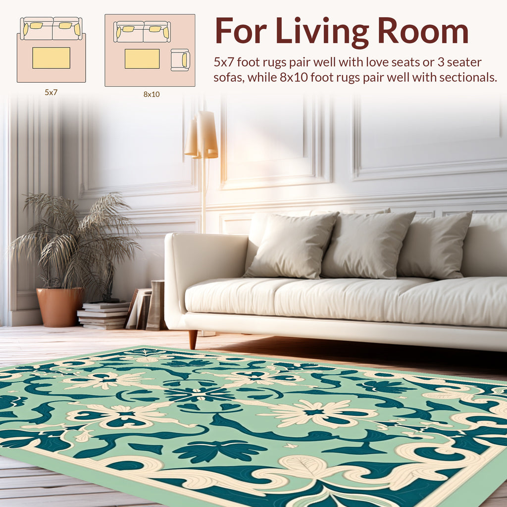 Mint Teal Floral Damask Pattern Rug