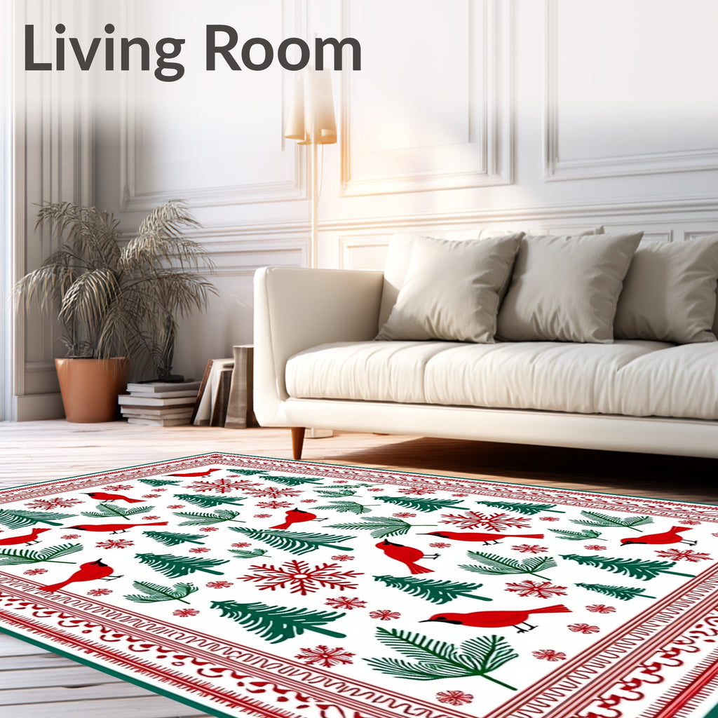 Red Cardinal Trees Snowflakes Border Rug