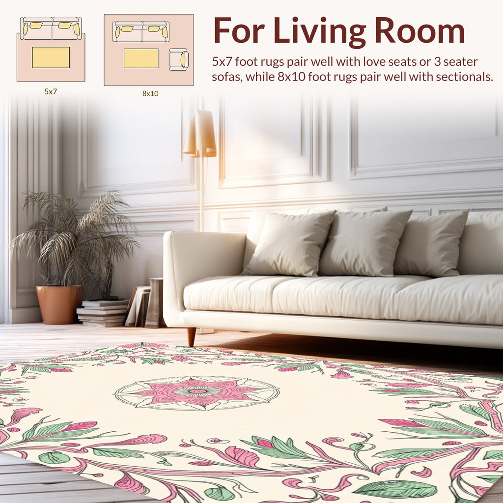 Pink Green Floral Mandala Pattern Rug