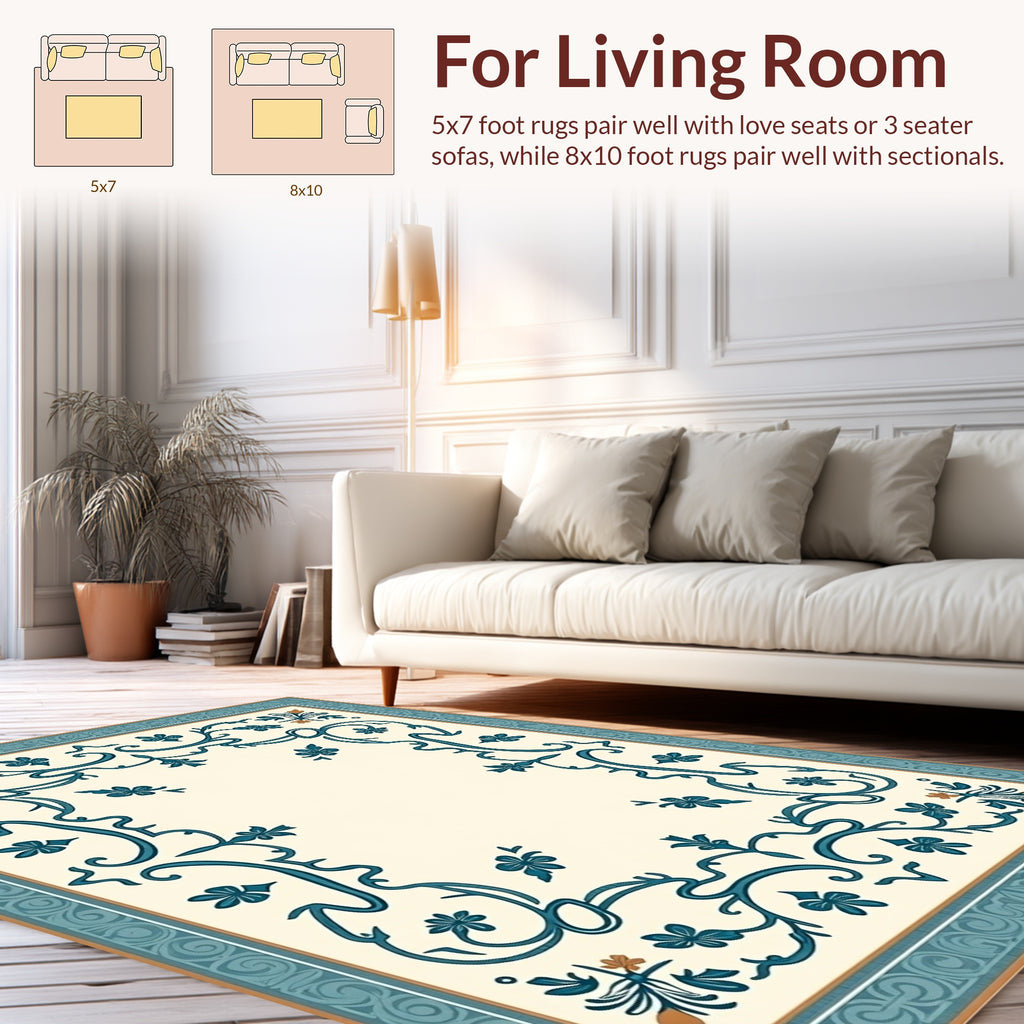 Ornate Teal Floral Border Design Rug