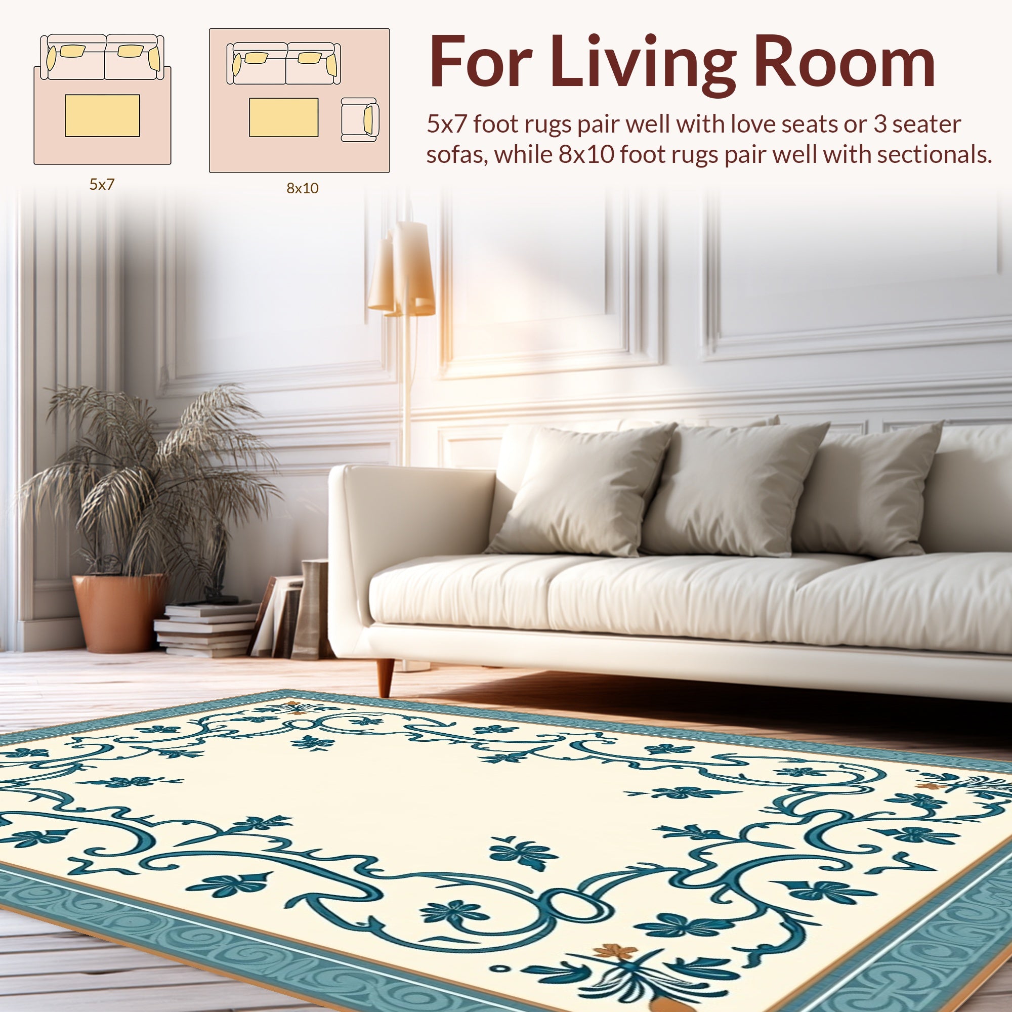 Ornate Teal Floral Border Design Rug