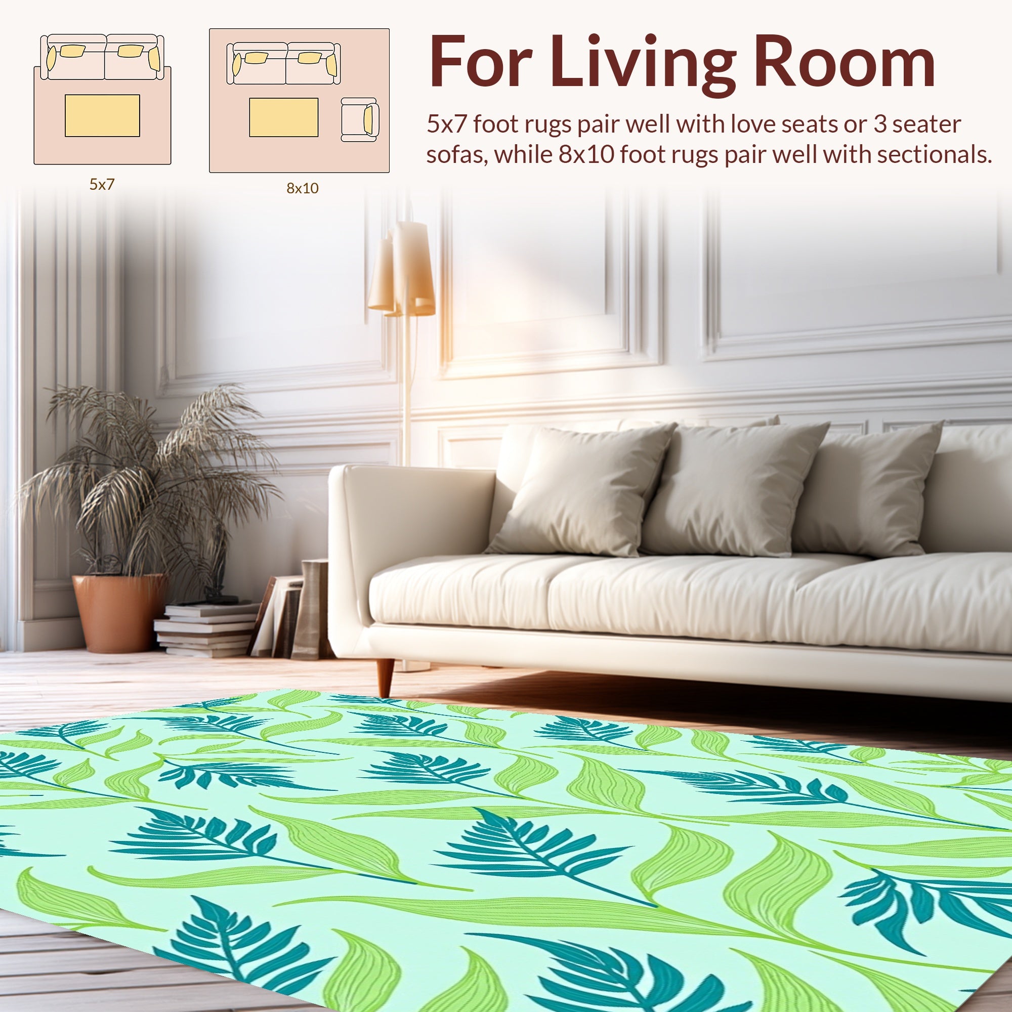 Teal Ferns and Light Green Leaves Pattern Rug