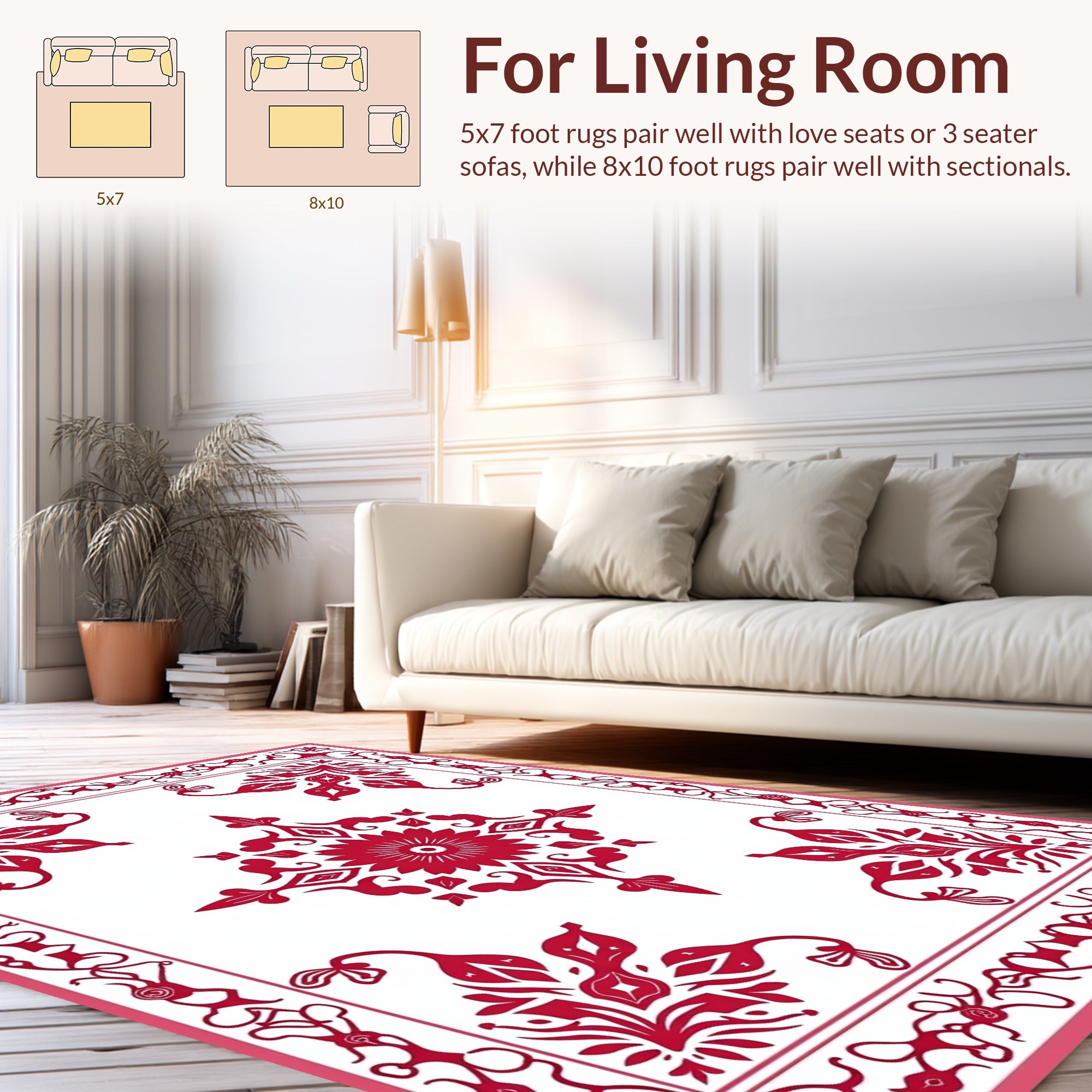 Vibrant Red Floral Scrollwork Mandala Rug