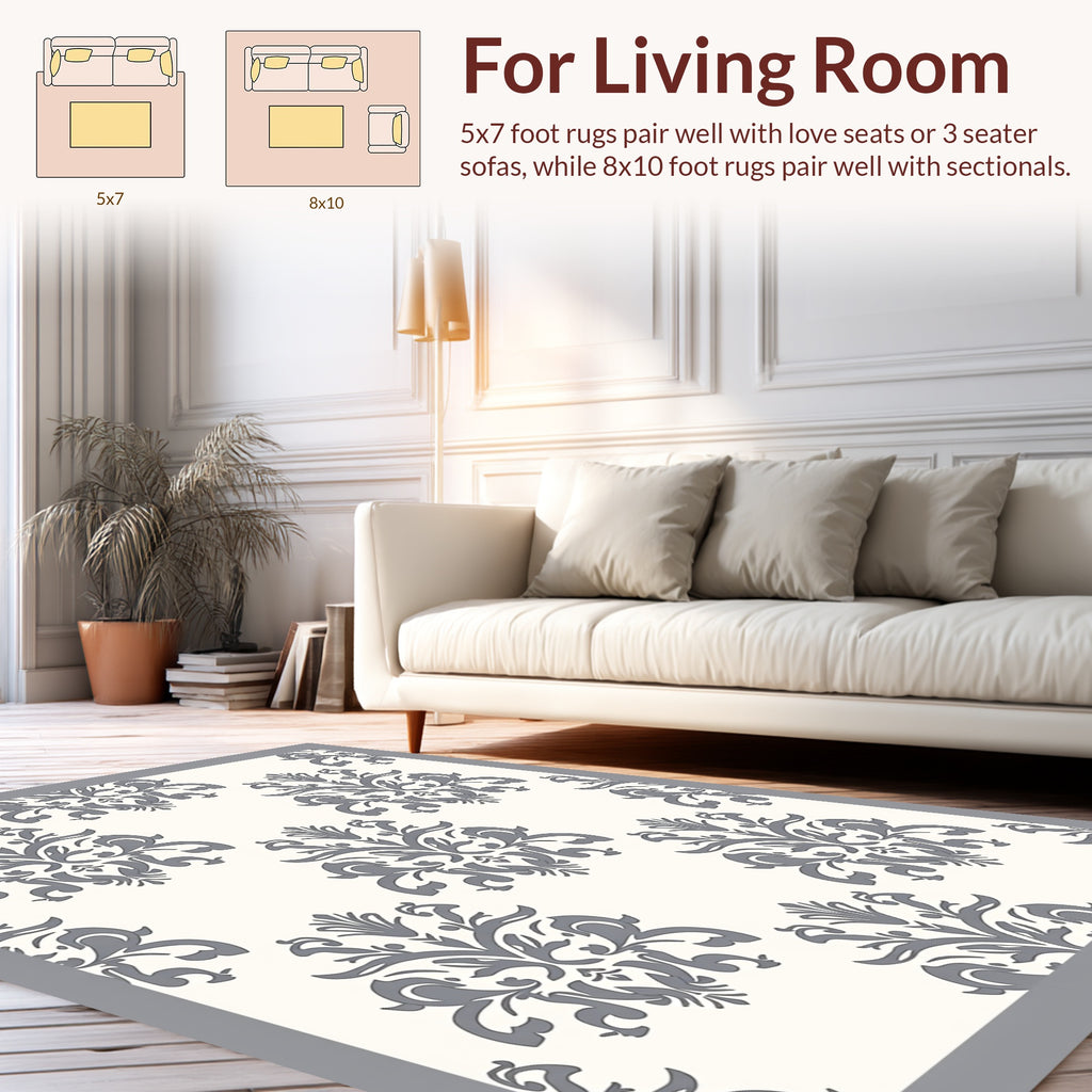 Elegant Gray Floral Damask Rug