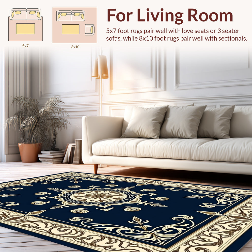 Classic Navy Cream Floral Medallion Rug