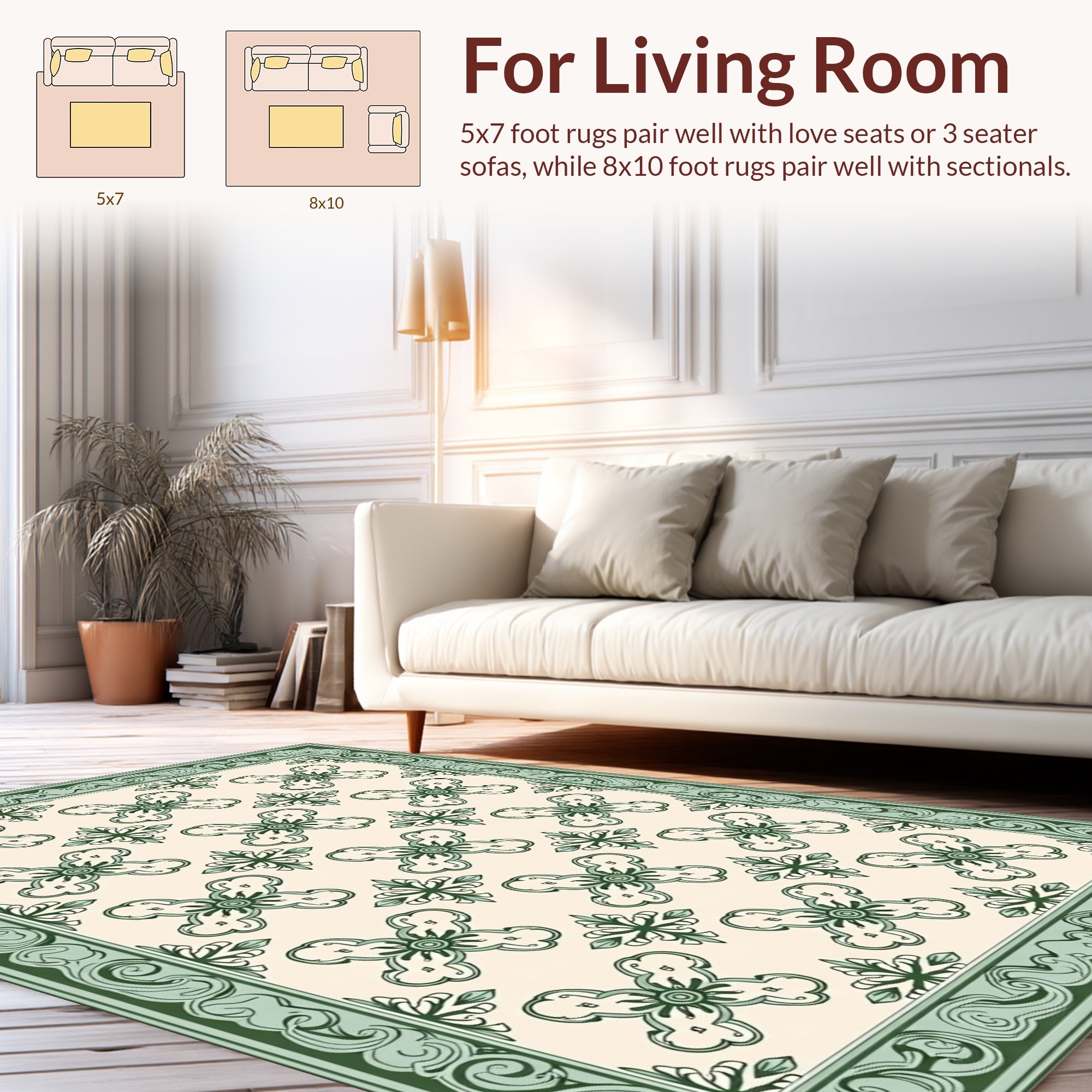 Classical Green Floral Repeating Pattern Rug