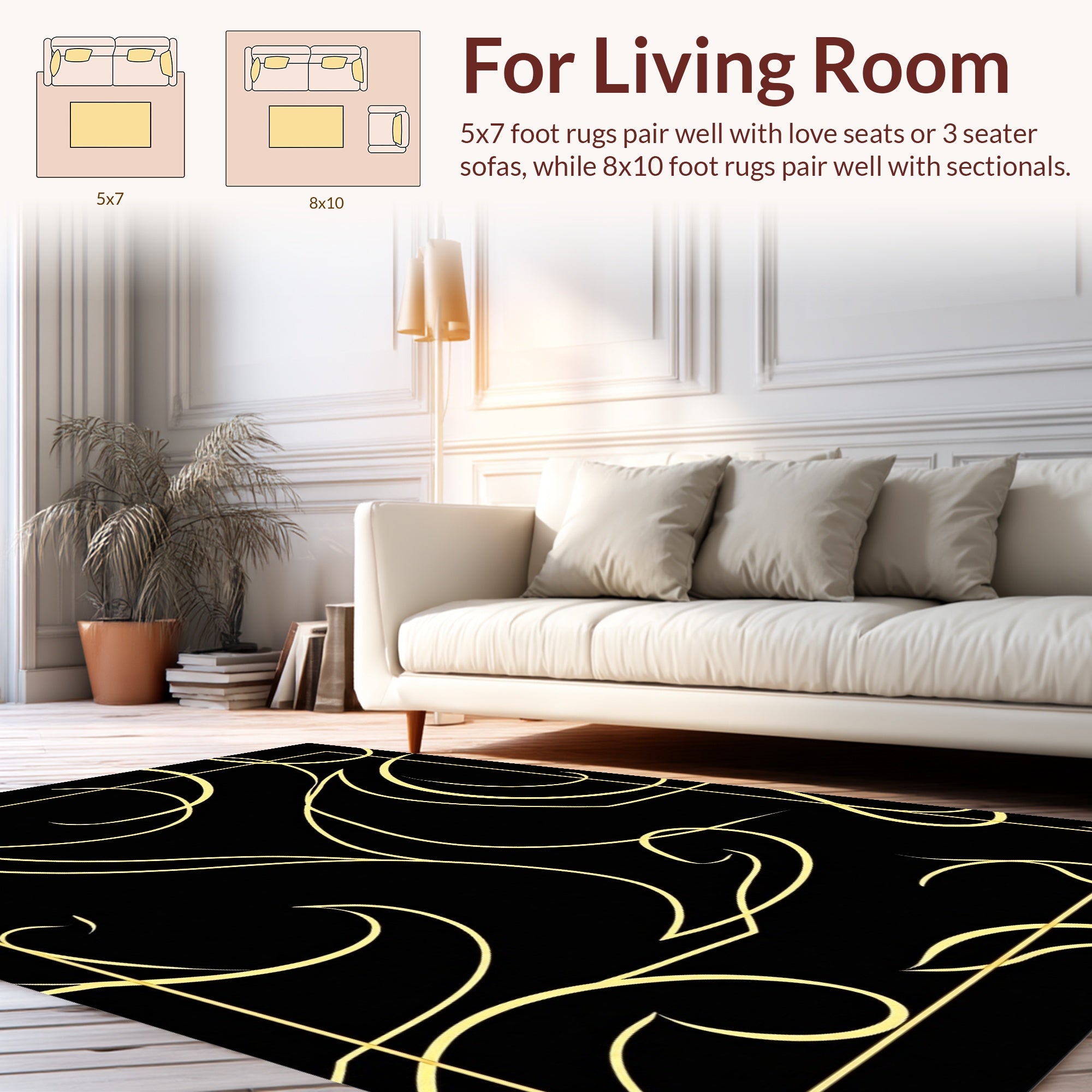 Abstract Swirl Gold Black Design Rug