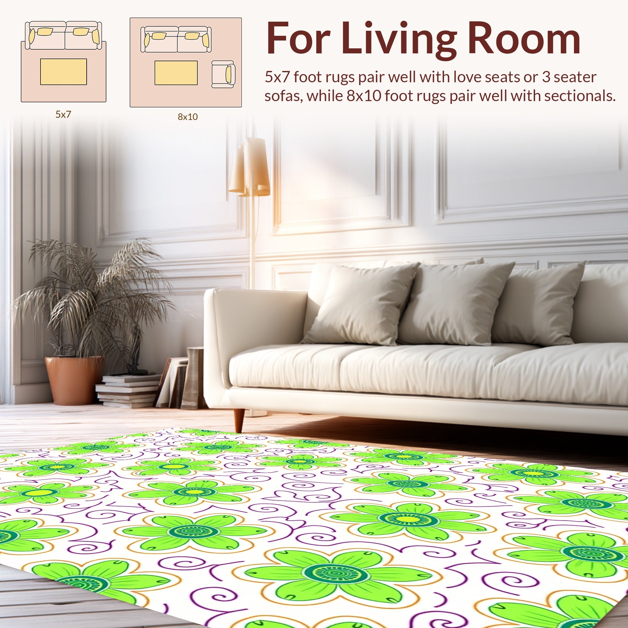 Green Floral Swirls Design Rug