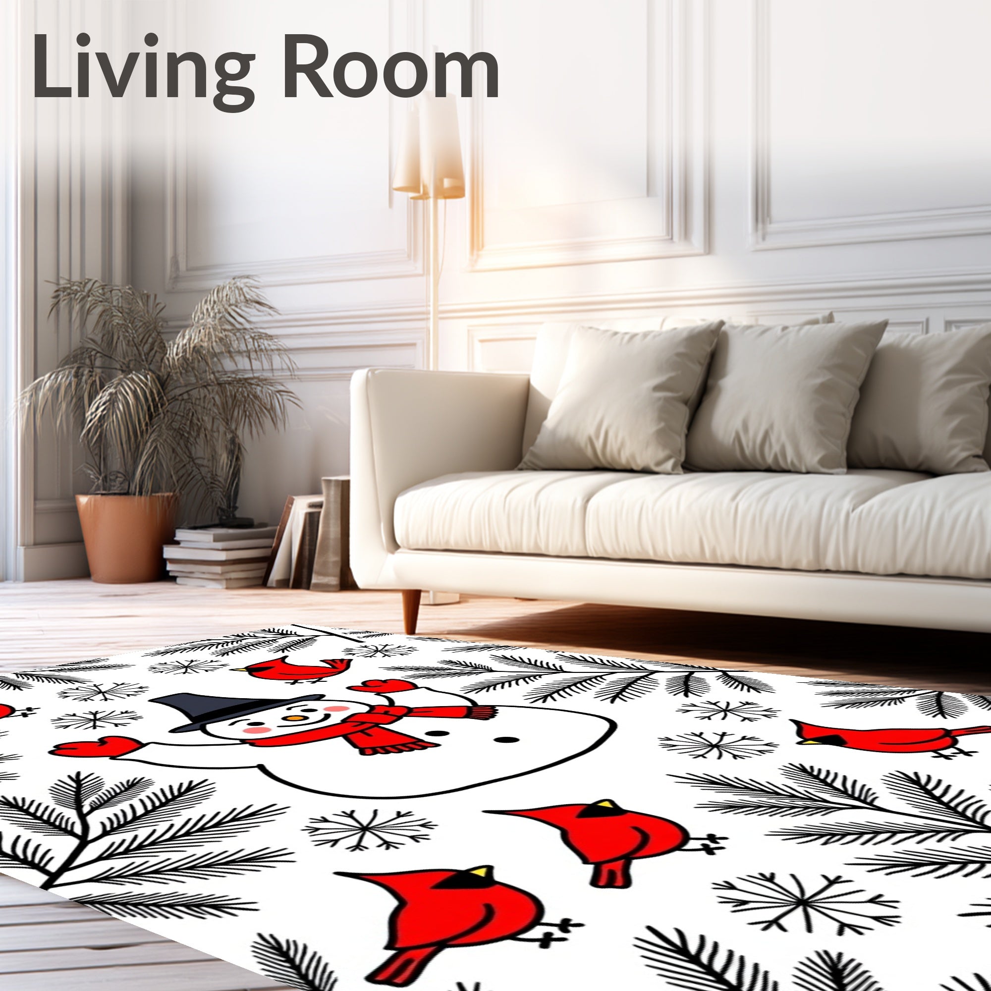 Whimsical Snowman Red Cardinal Winter Scene Rug