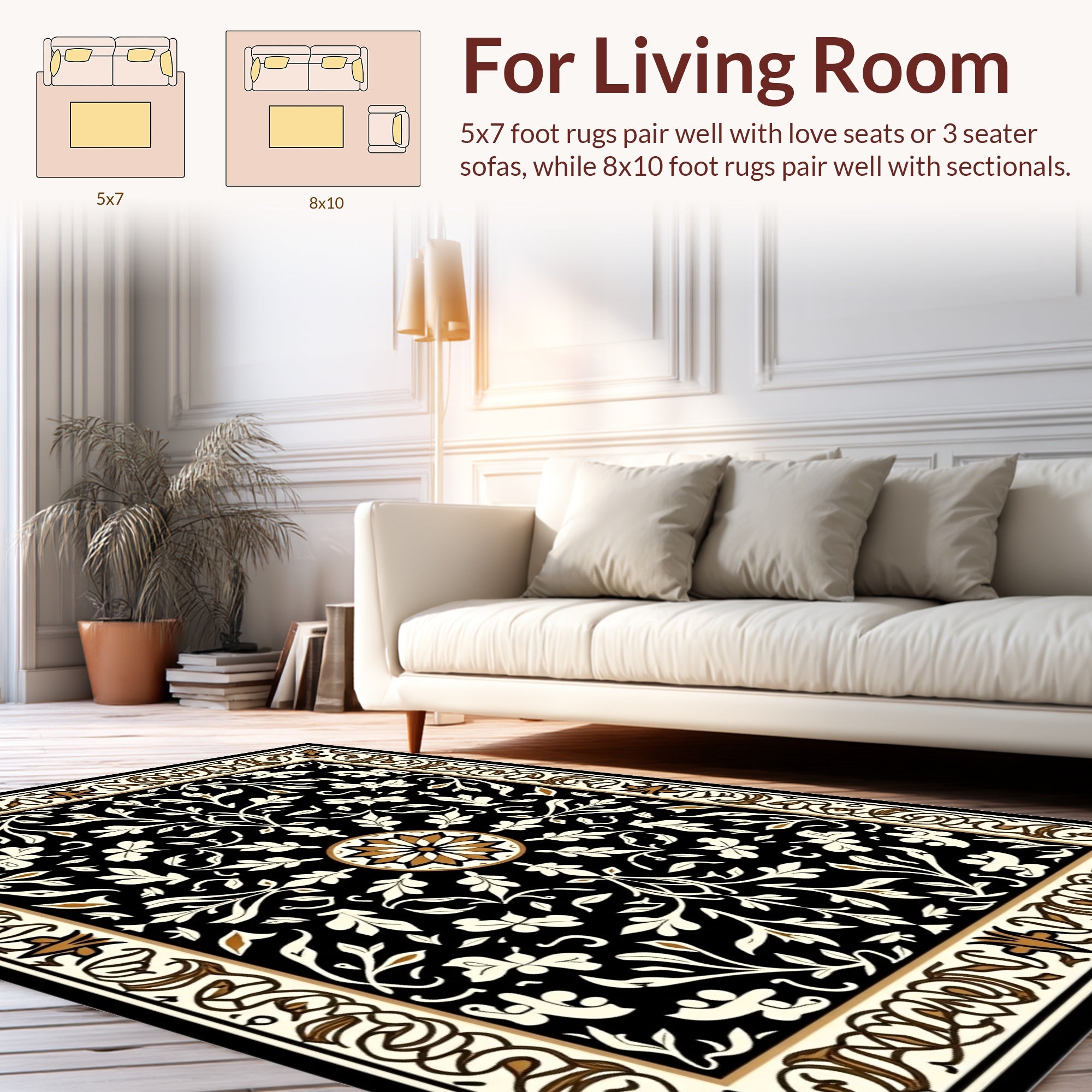 Black Floral Medallion Intricate Pattern Rug