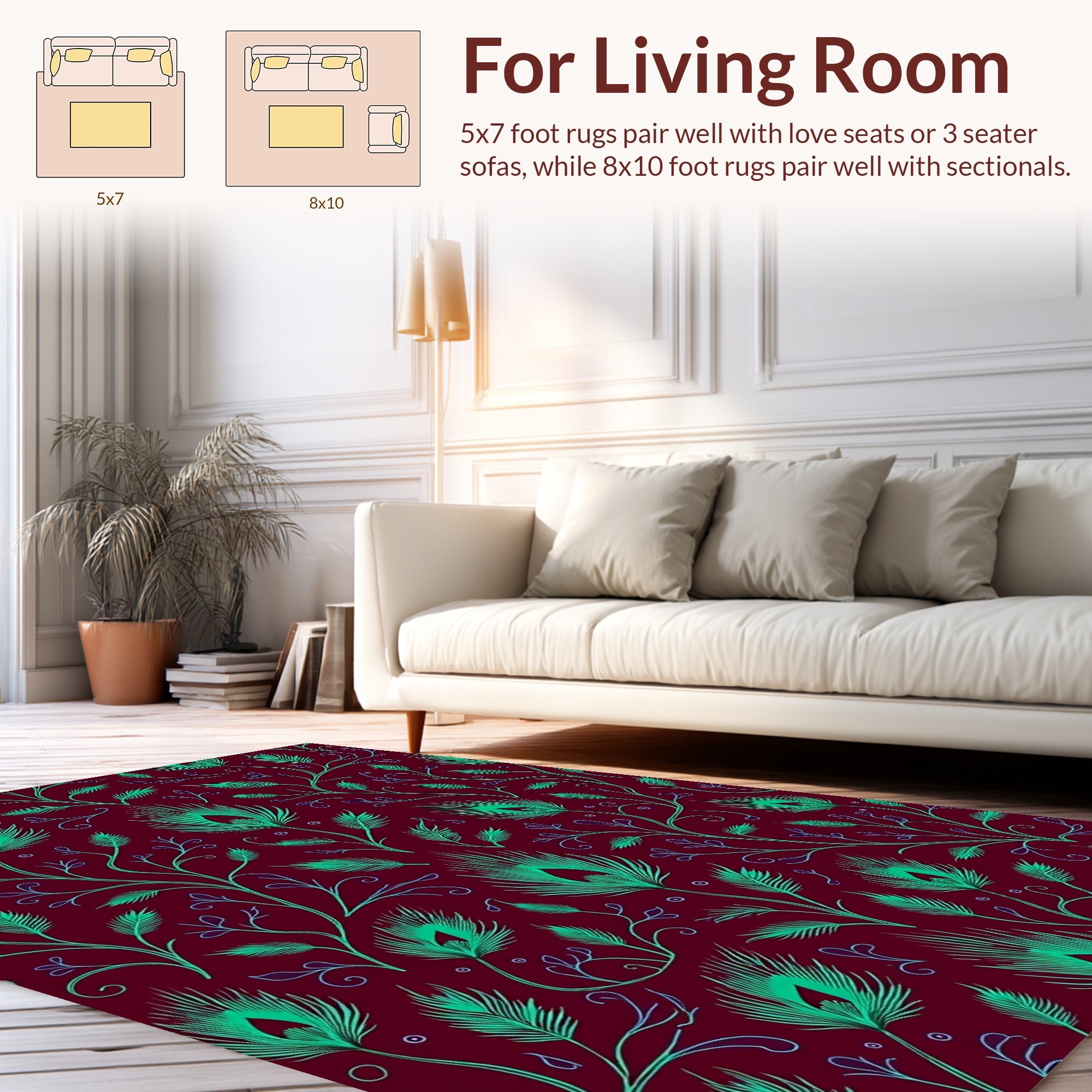 Emerald Peacock Feather Vine Pattern Rug