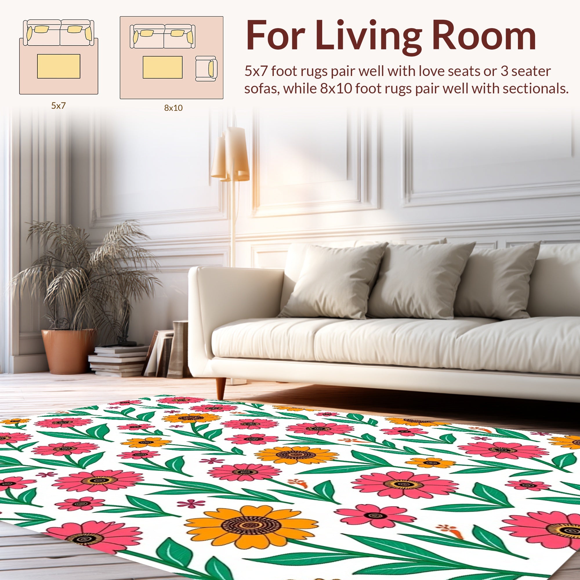 Floral Pattern Pink Yellow Flowers Rug