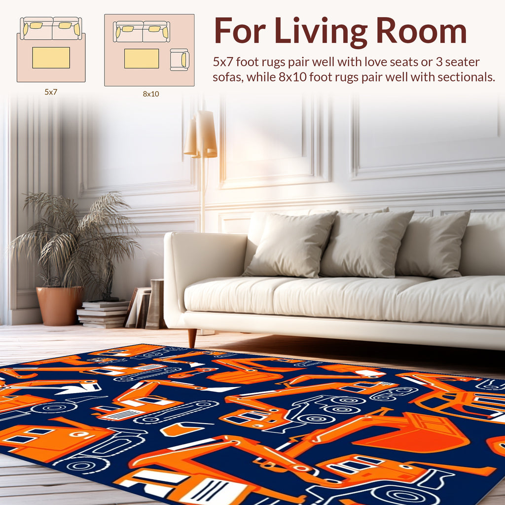 Orange Excavator Construction Vehicle Pattern Rug