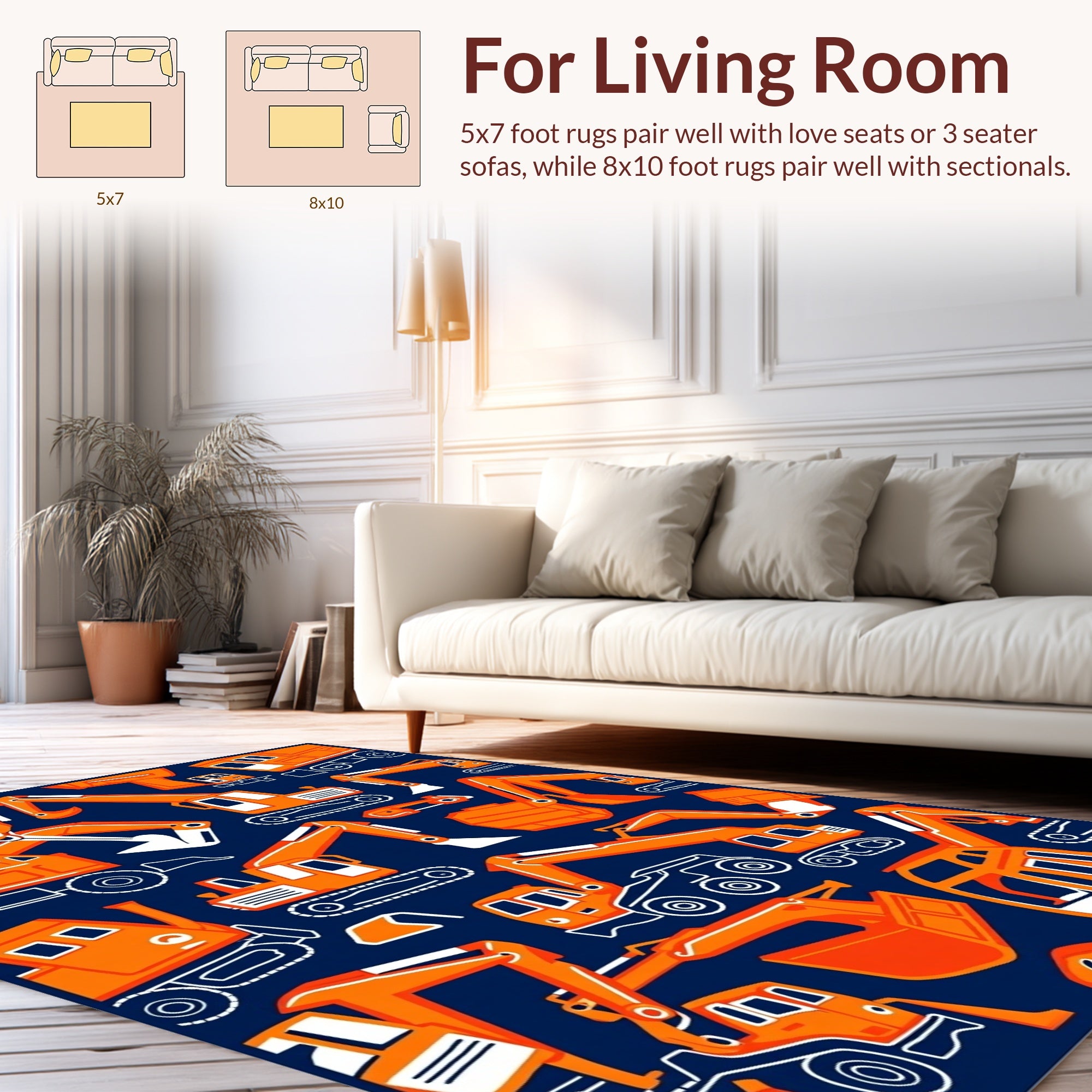 Orange Excavator Construction Vehicle Pattern Rug