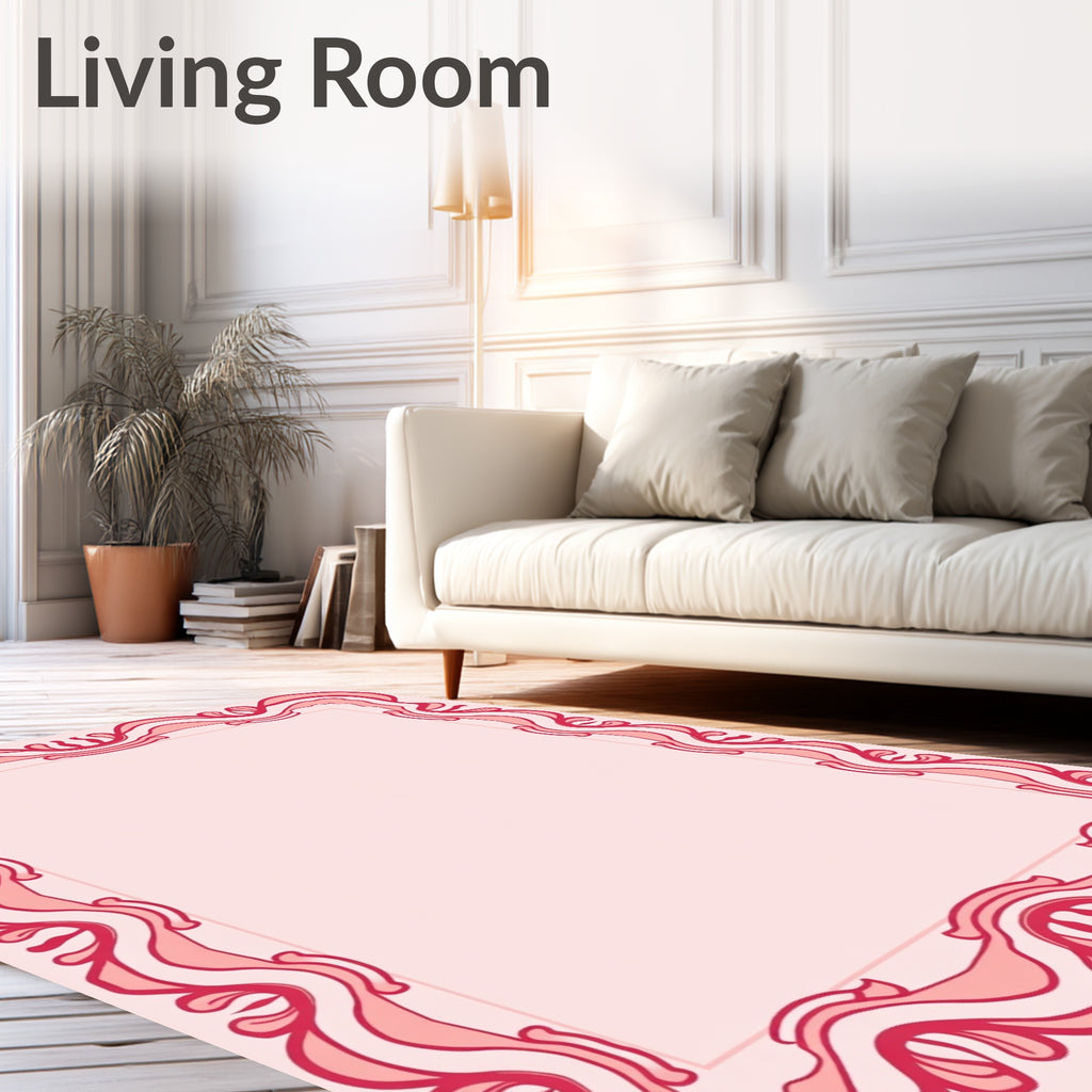 Ornate Red Ribbon Scroll Pattern Rug