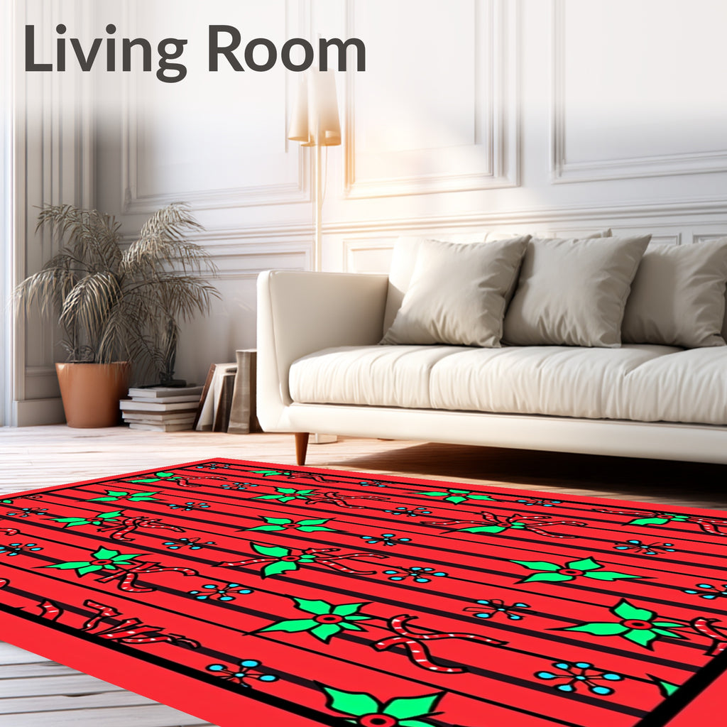 Red Holly Bow Snowflake Striped Rug