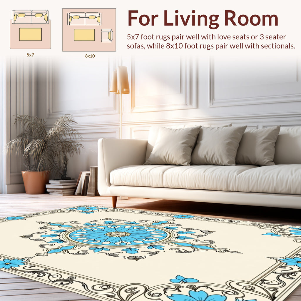 Cream Blue Floral Mandala Garden Design Rug