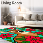 Holiday Deer Red Poinsettia Teal Rug