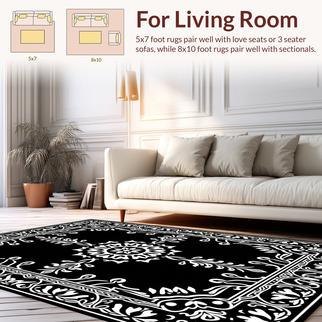 Ornate Black White Floral Medallion Design Rug
