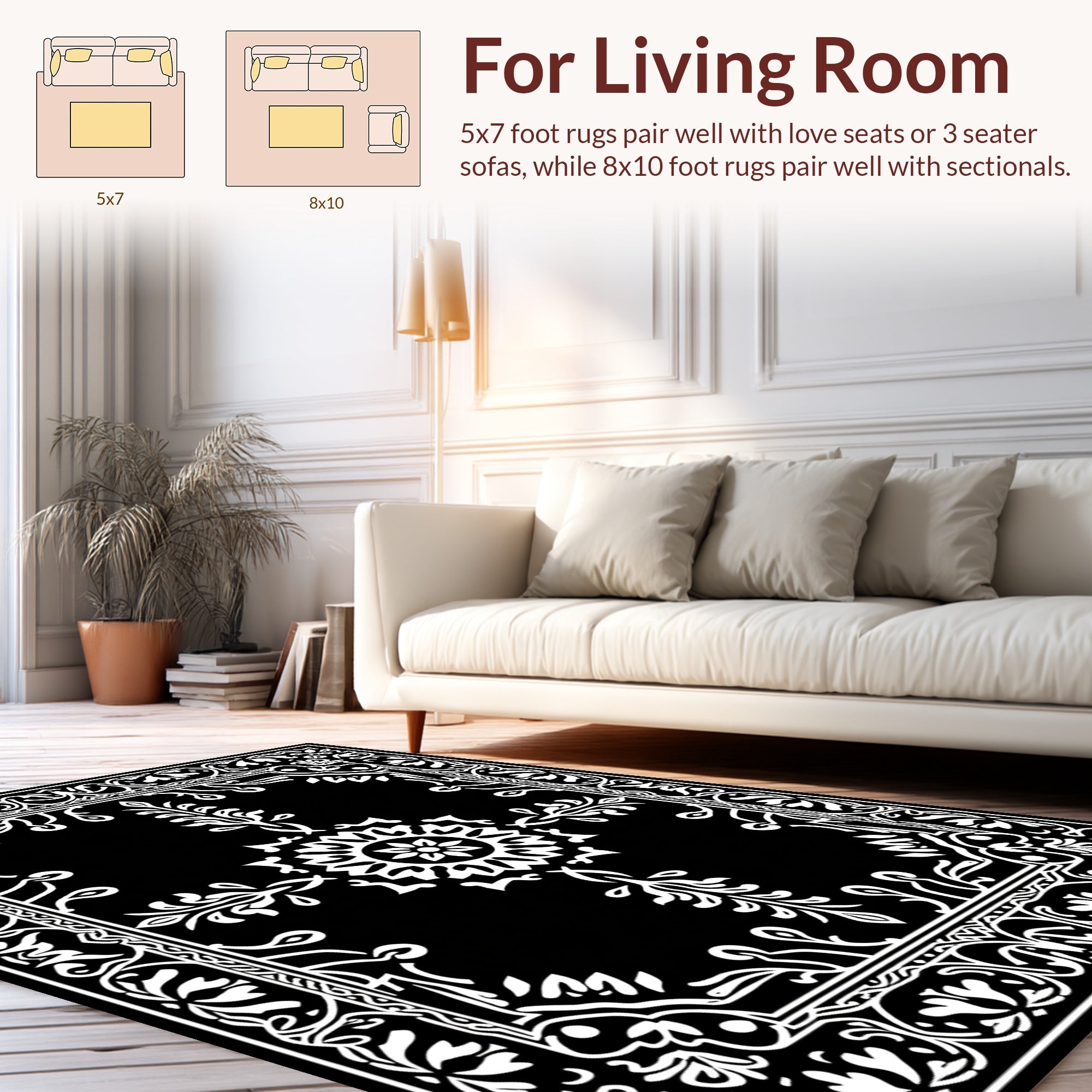 Ornate Black White Floral Medallion Design Rug