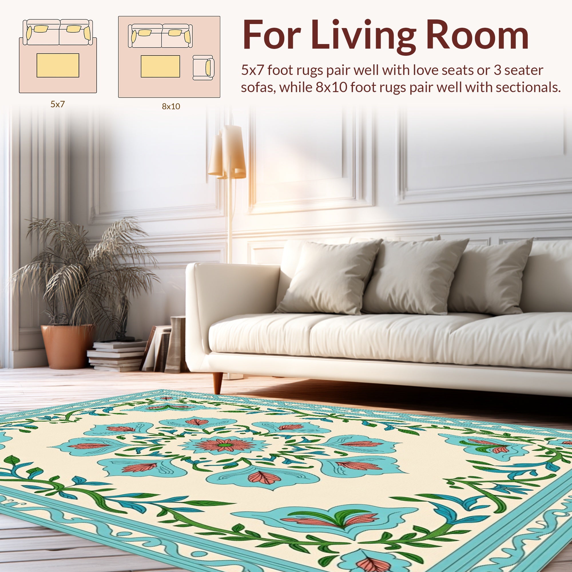 Turquoise Floral Medallion Cream Rug