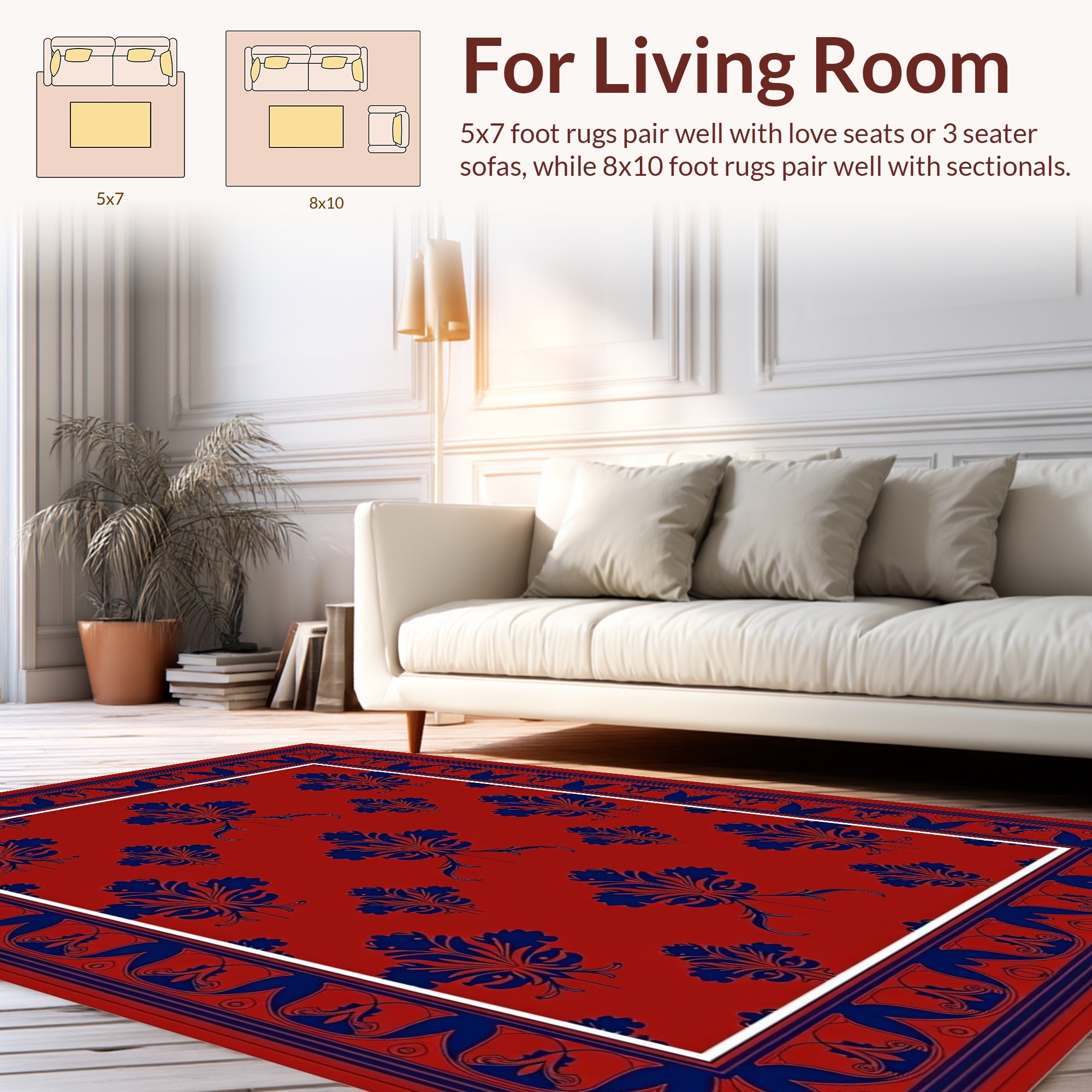 Bold Blue Floral Border Red Rug