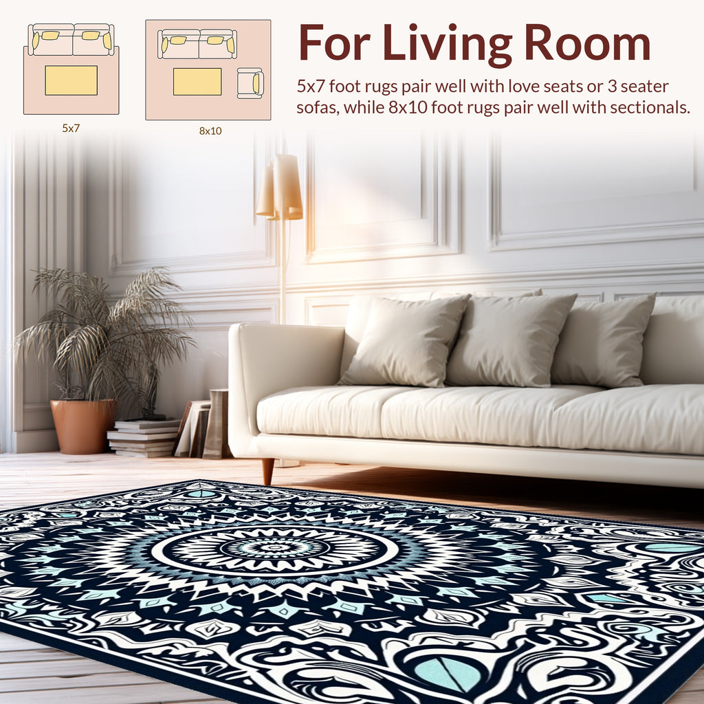Intricate Blue White Floral Mandala Design Rug