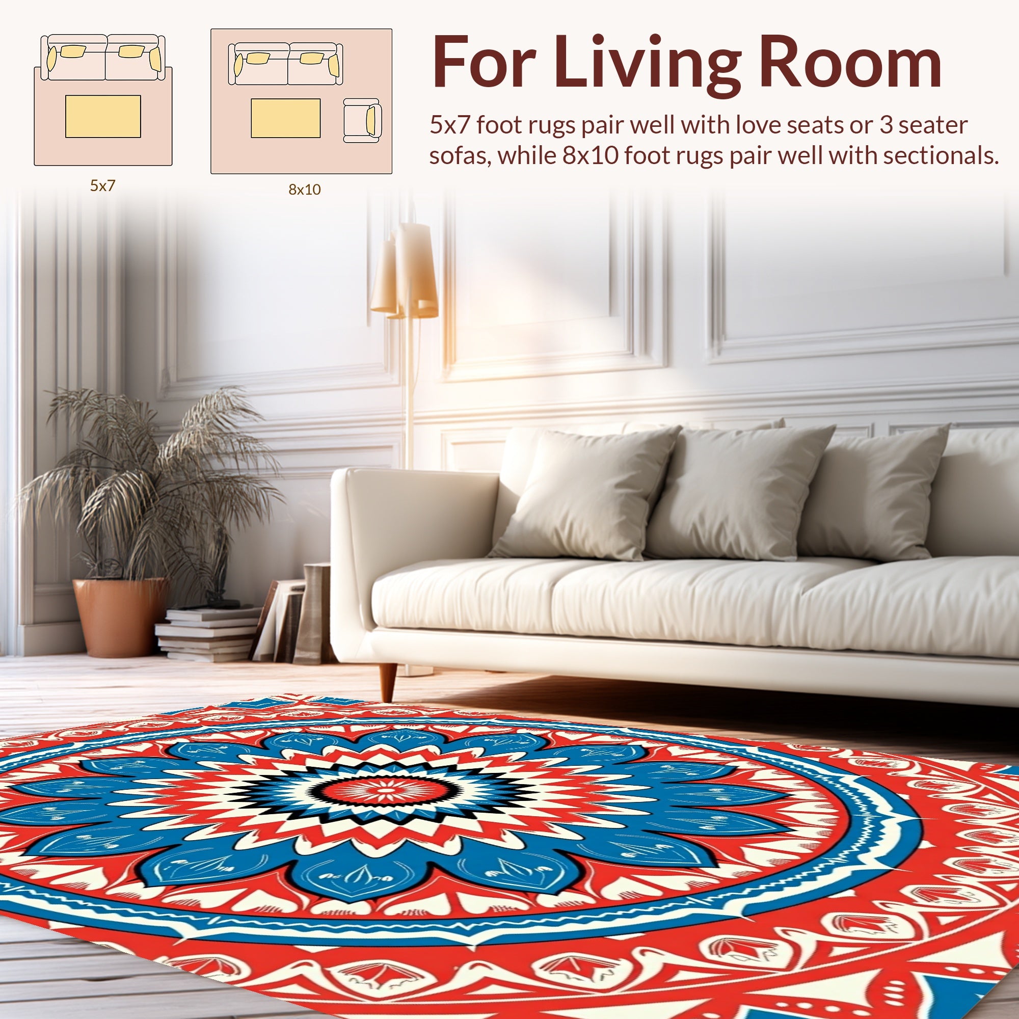 Vibrant Red Blue Floral Mandala Design Rug