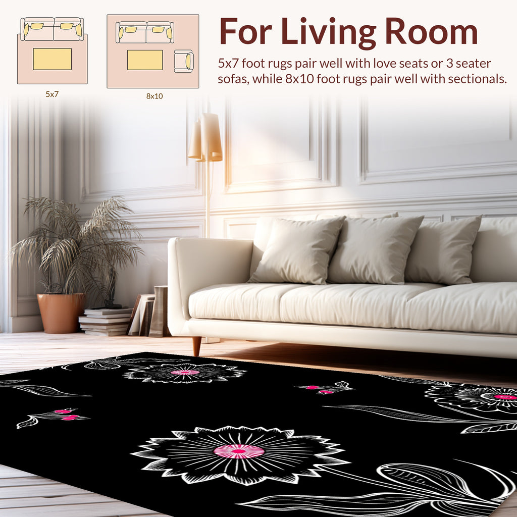 Black White Floral Bloom Pattern Rug