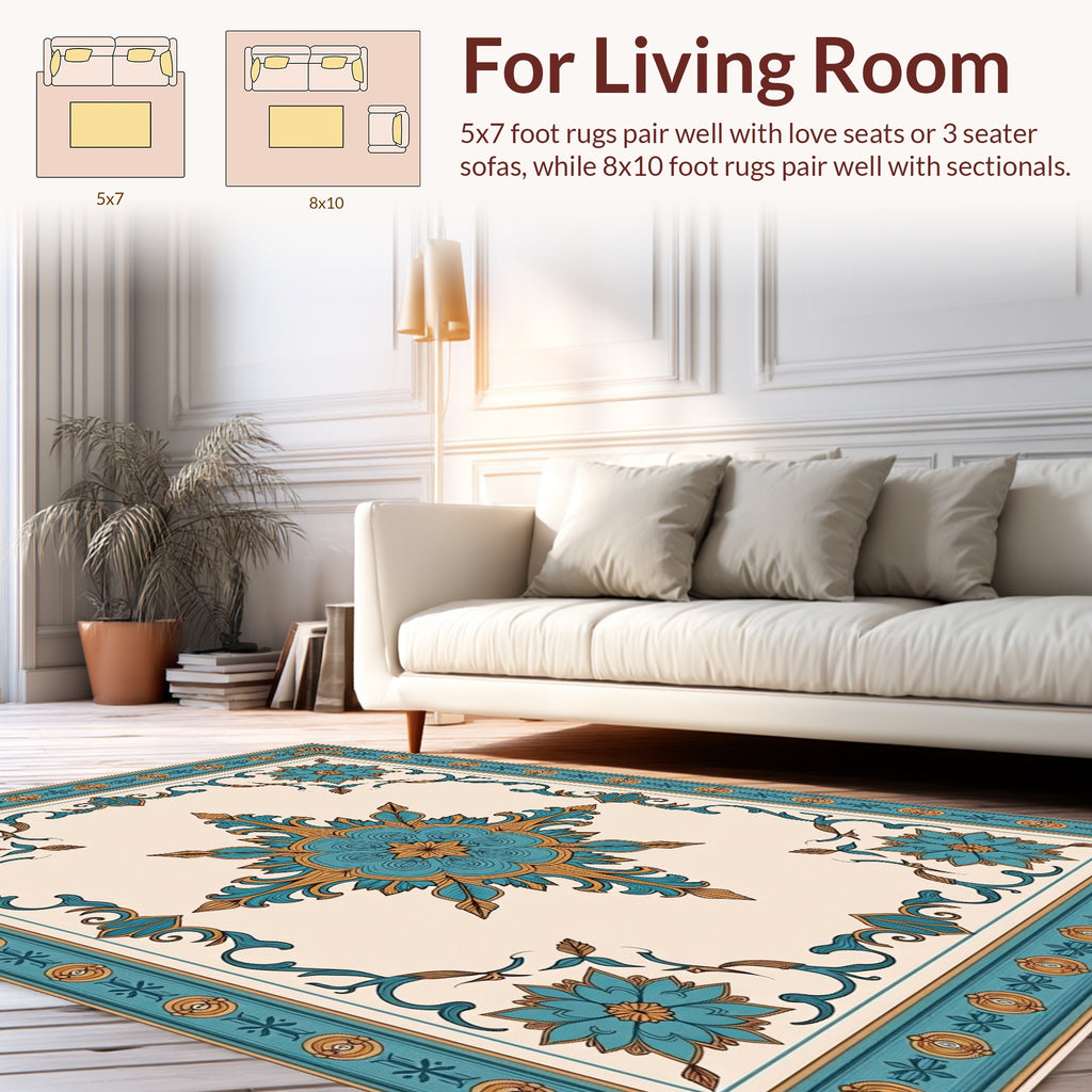 Ornate Teal Floral Medallion Design Rug