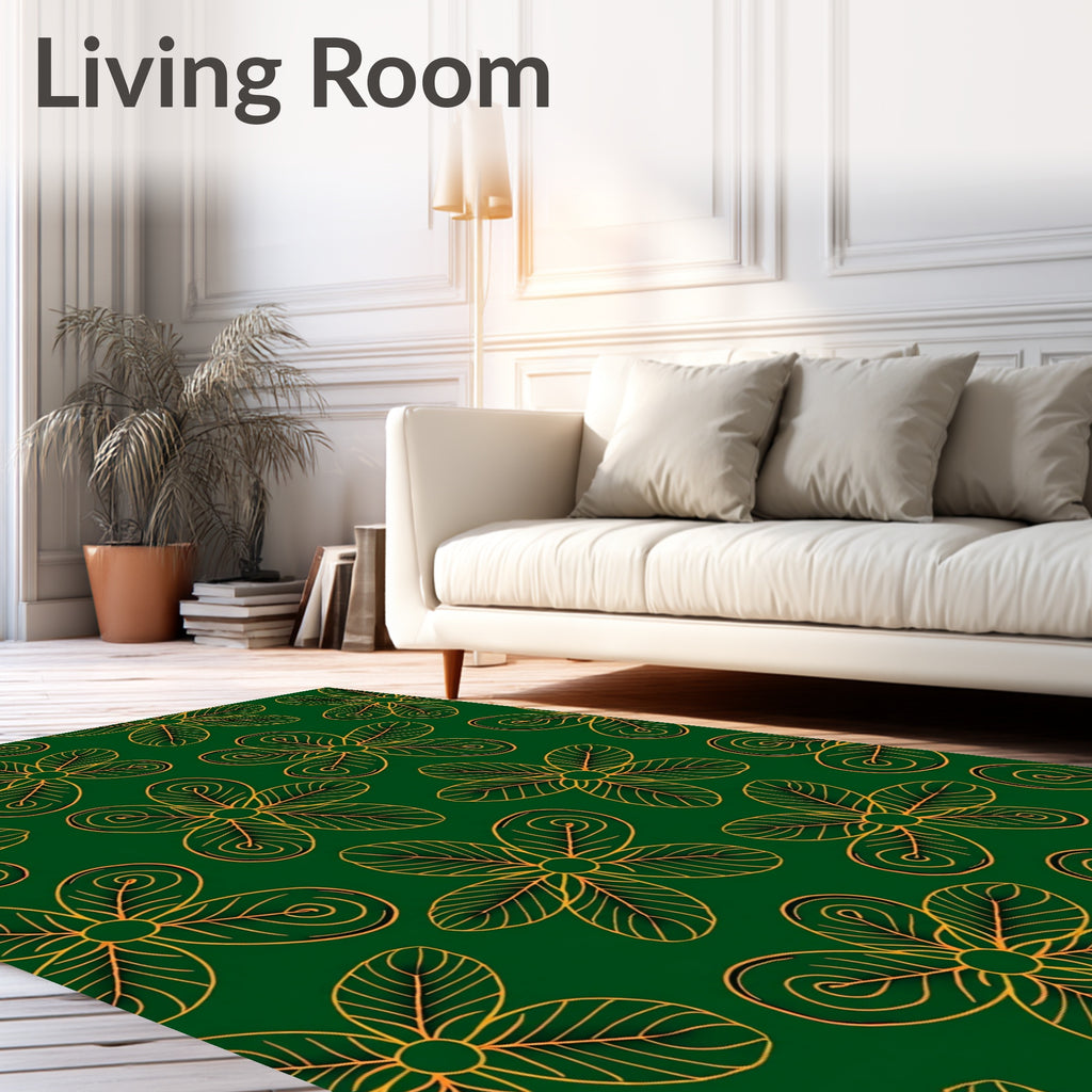Golden Floral Outline on Deep Green Background Rug