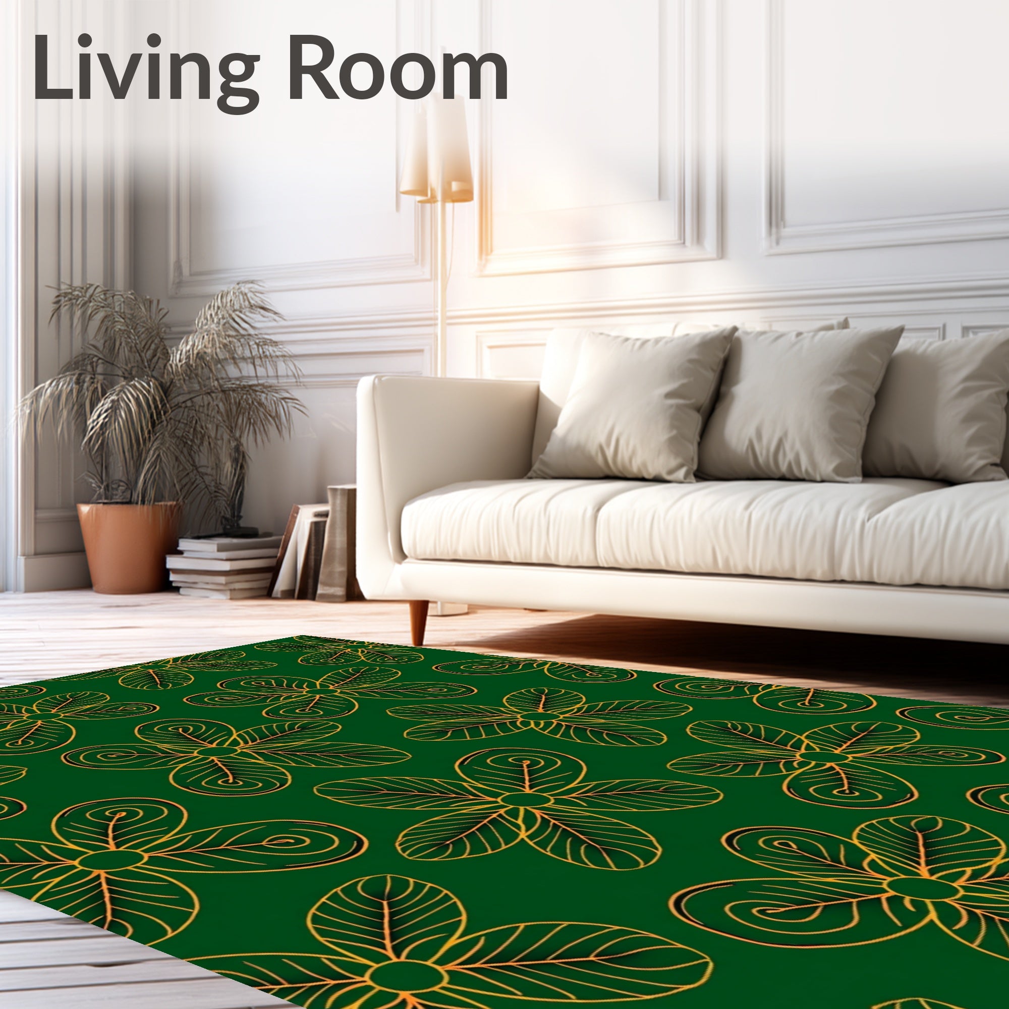 Golden Floral Outline on Deep Green Background Rug