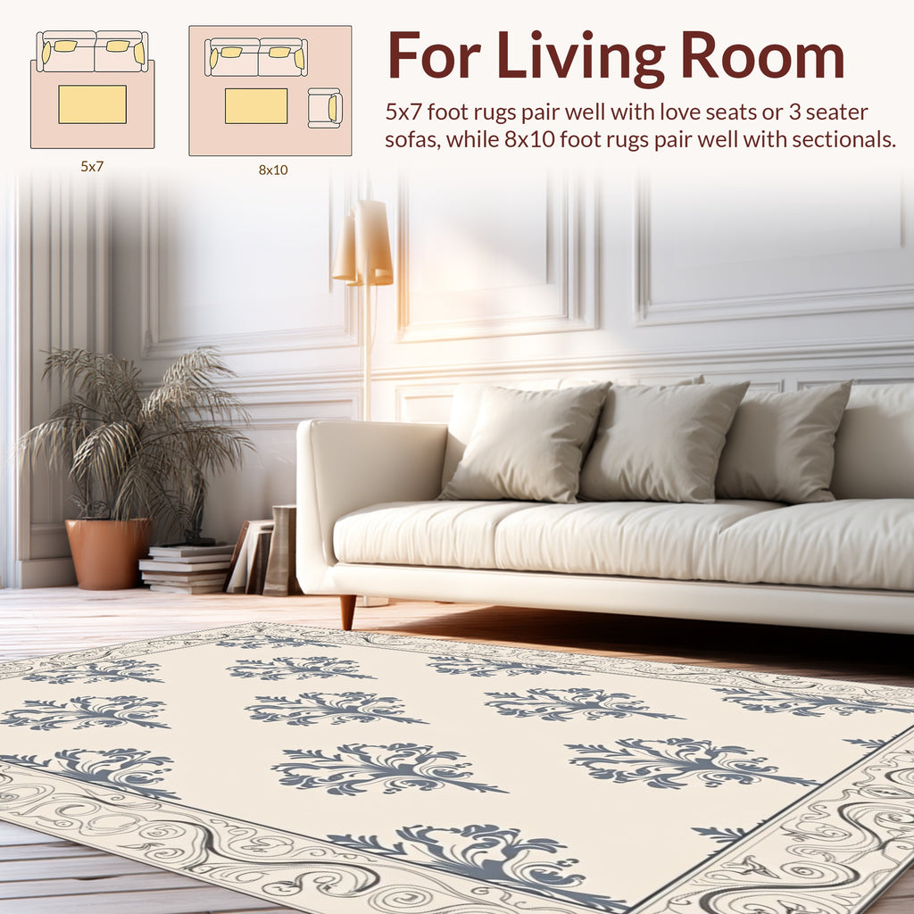 Cream And Grey Floral Damask Pattern Rug