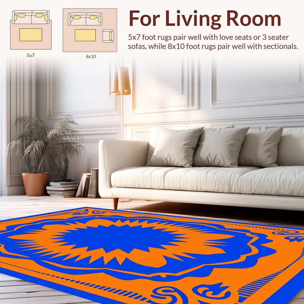 Bold Orange And Blue Sunburst Design Rug