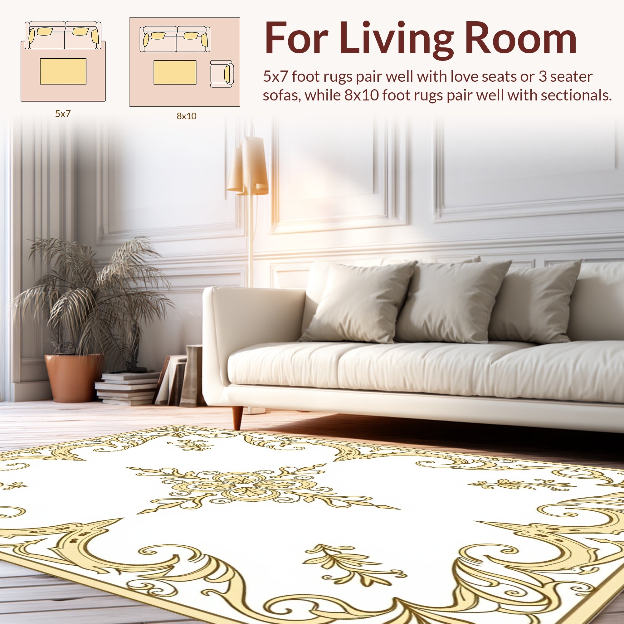 Elegant Golden Floral Scroll Border Rug