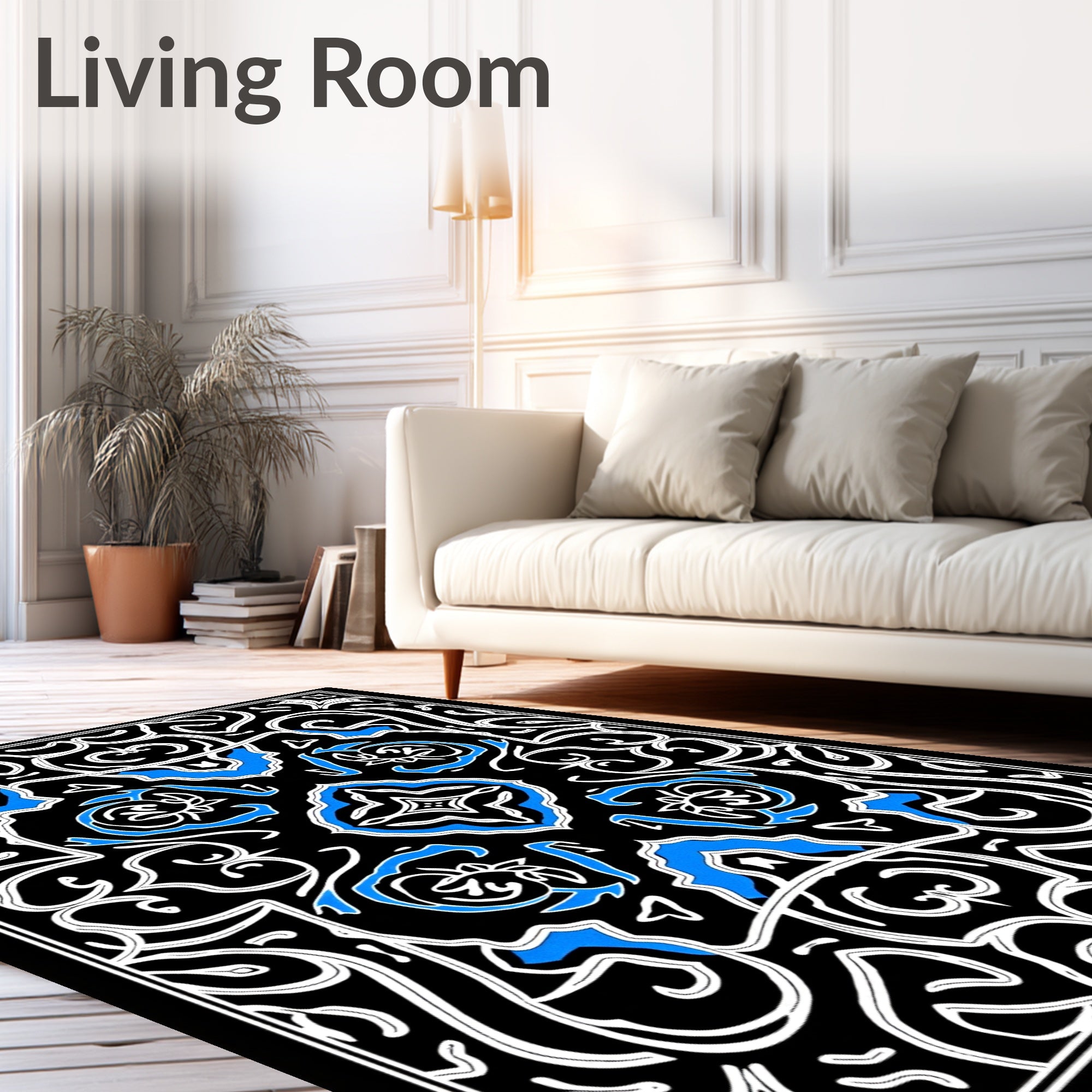 Classic Black Blue Scrollwork Medallion Rug
