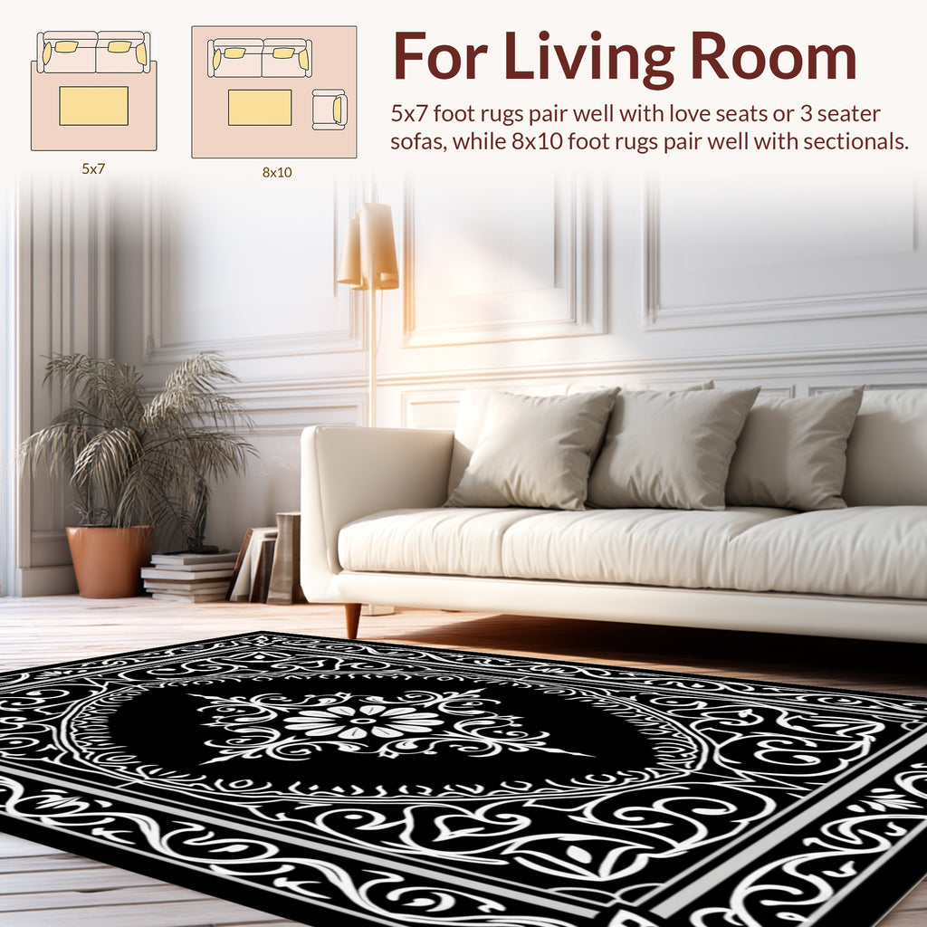 Black And White Floral Intricate Design Rug