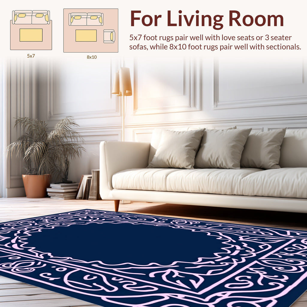 Ornate Pink Scrollwork Outline Design Rug