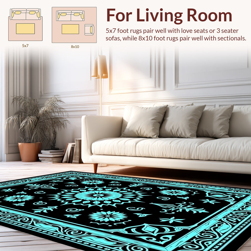Cyan Floral Mandala Pattern Rug