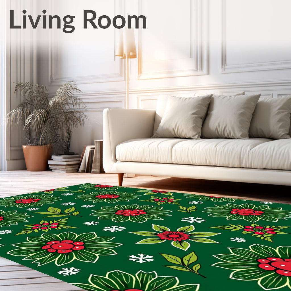 Festive Red Green Floral Snowflakes Rug
