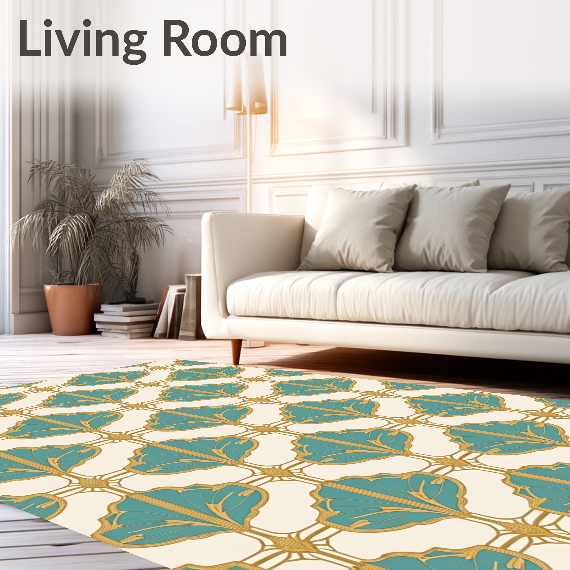 Teal Gold Art Deco Fan Pattern Rug