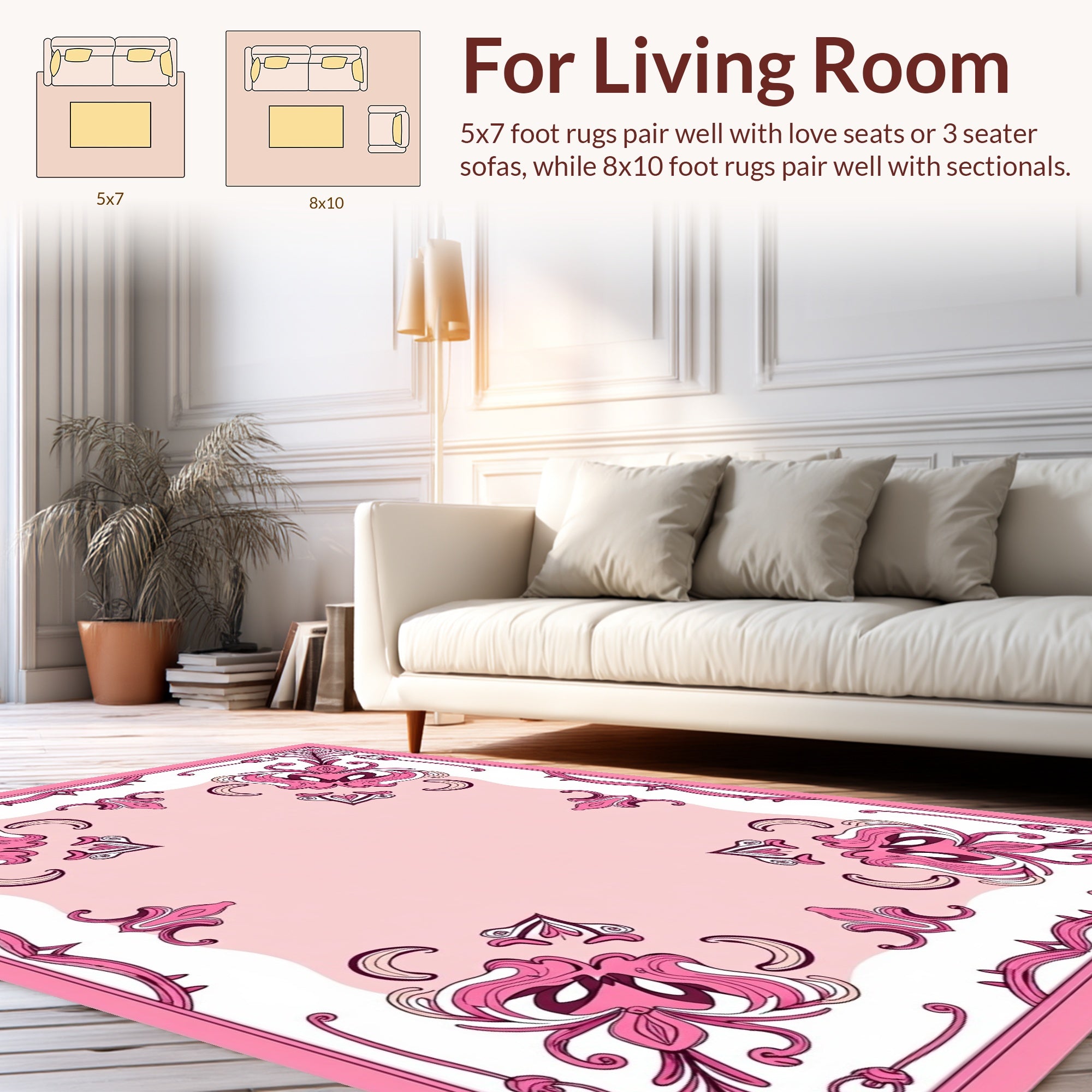 Pink Floral Scrolled Whimsical Design Rug