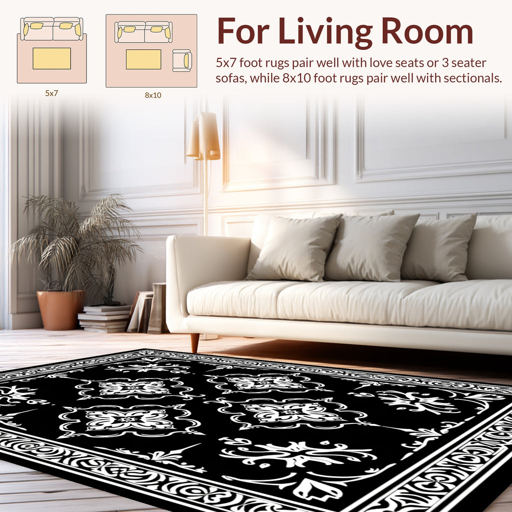 Ornate Black White Damask Patterned Rug