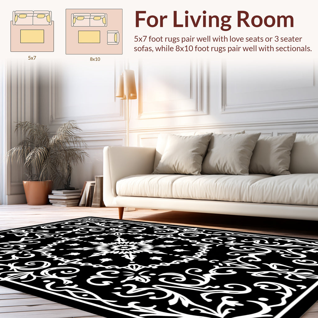 Elegant Vintage Monochrome Scroll Pattern Rug